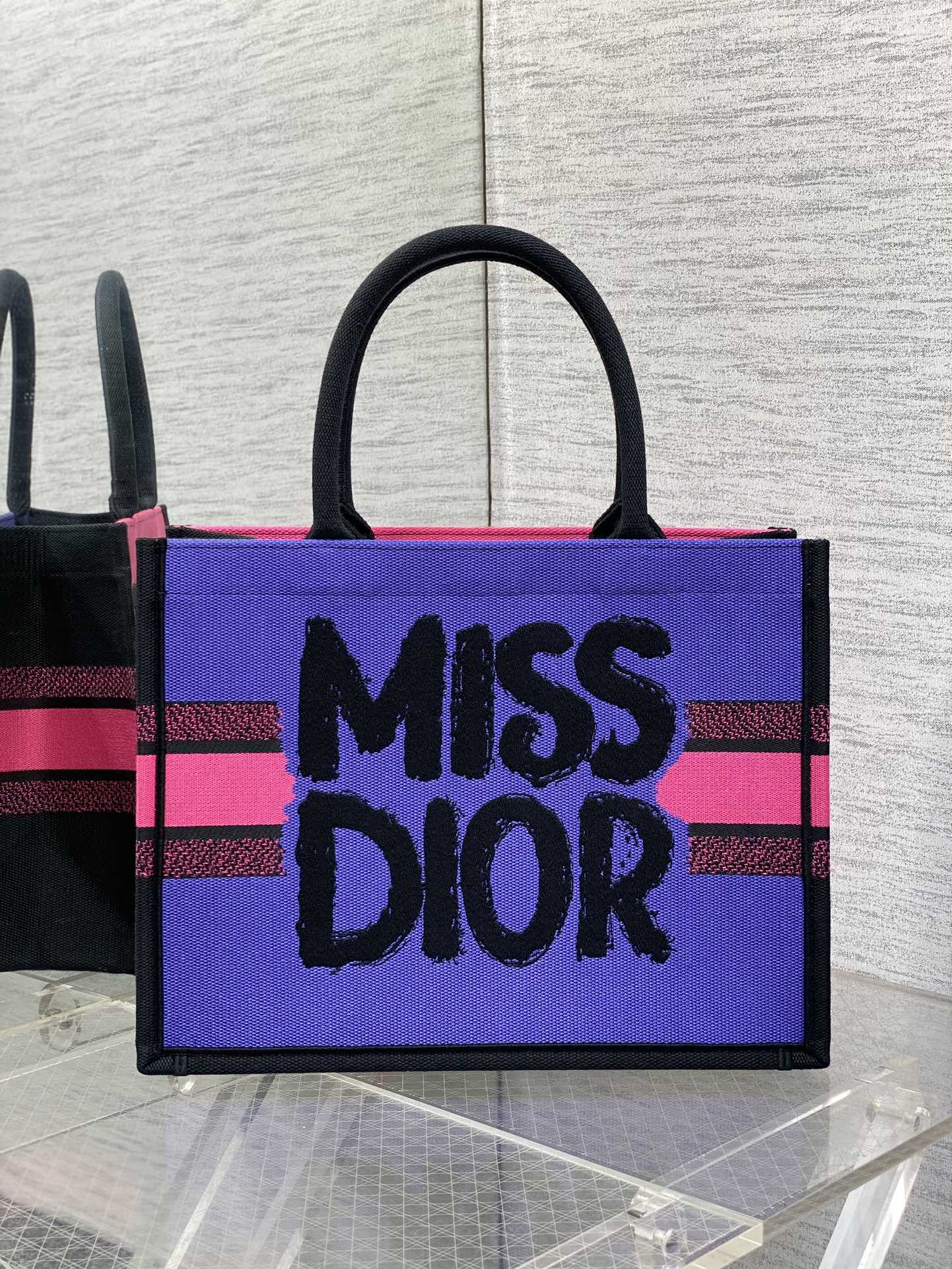 Large Dior Book Tote Bag Two-Tone Fuchsia and Purple Miss Dior Graffiti Embroidery